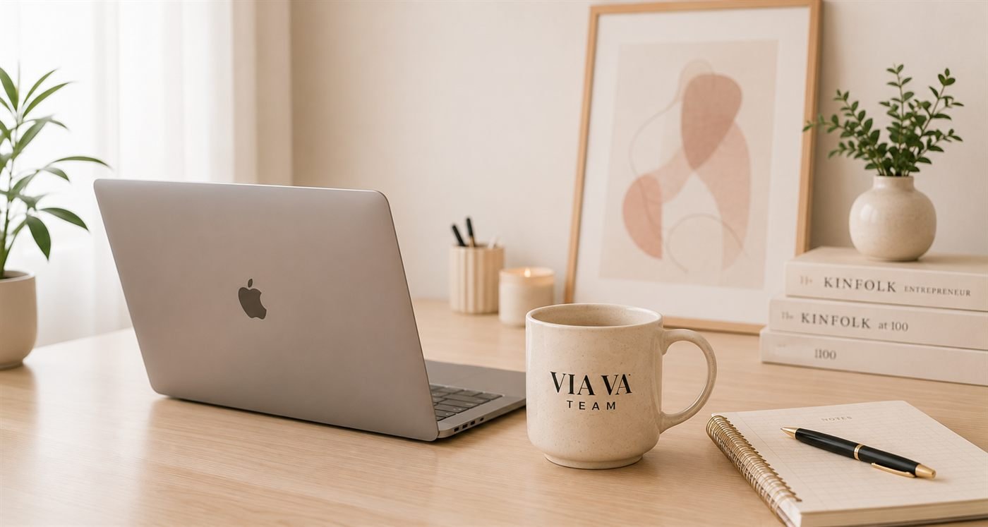 A VIA VA Team branded mug and laptop on a tidy desk